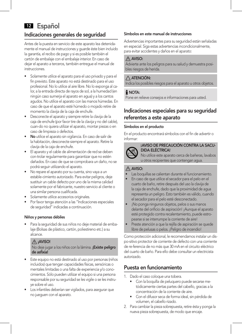 Español, Indicaciones generales de seguridad, Puesta en funcionamiento | AEG HTD 5595 User Manual | Page 12 / 36