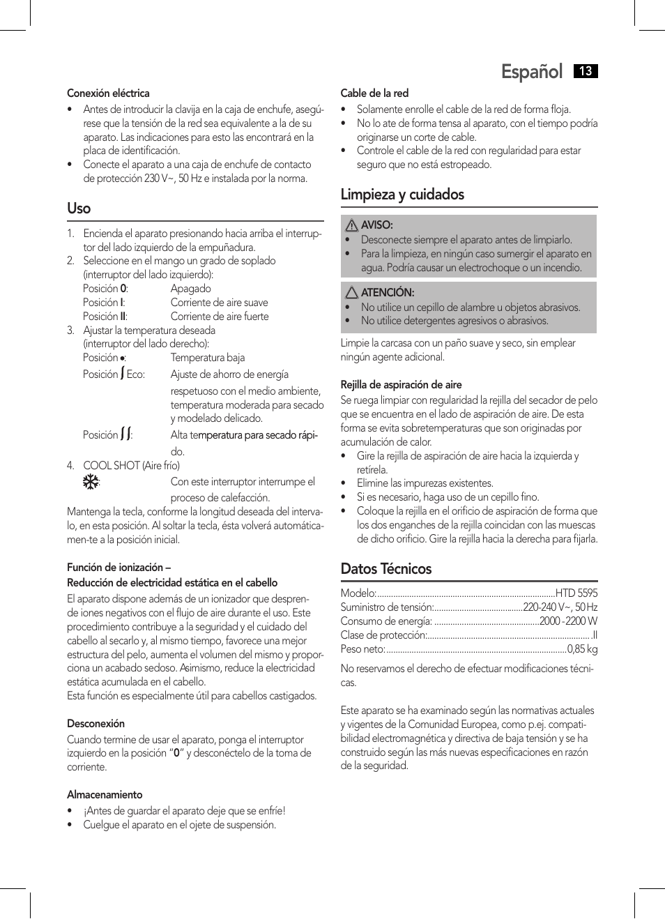 Español, Limpieza y cuidados, Datos técnicos | AEG HTD 5595 User Manual | Page 13 / 36