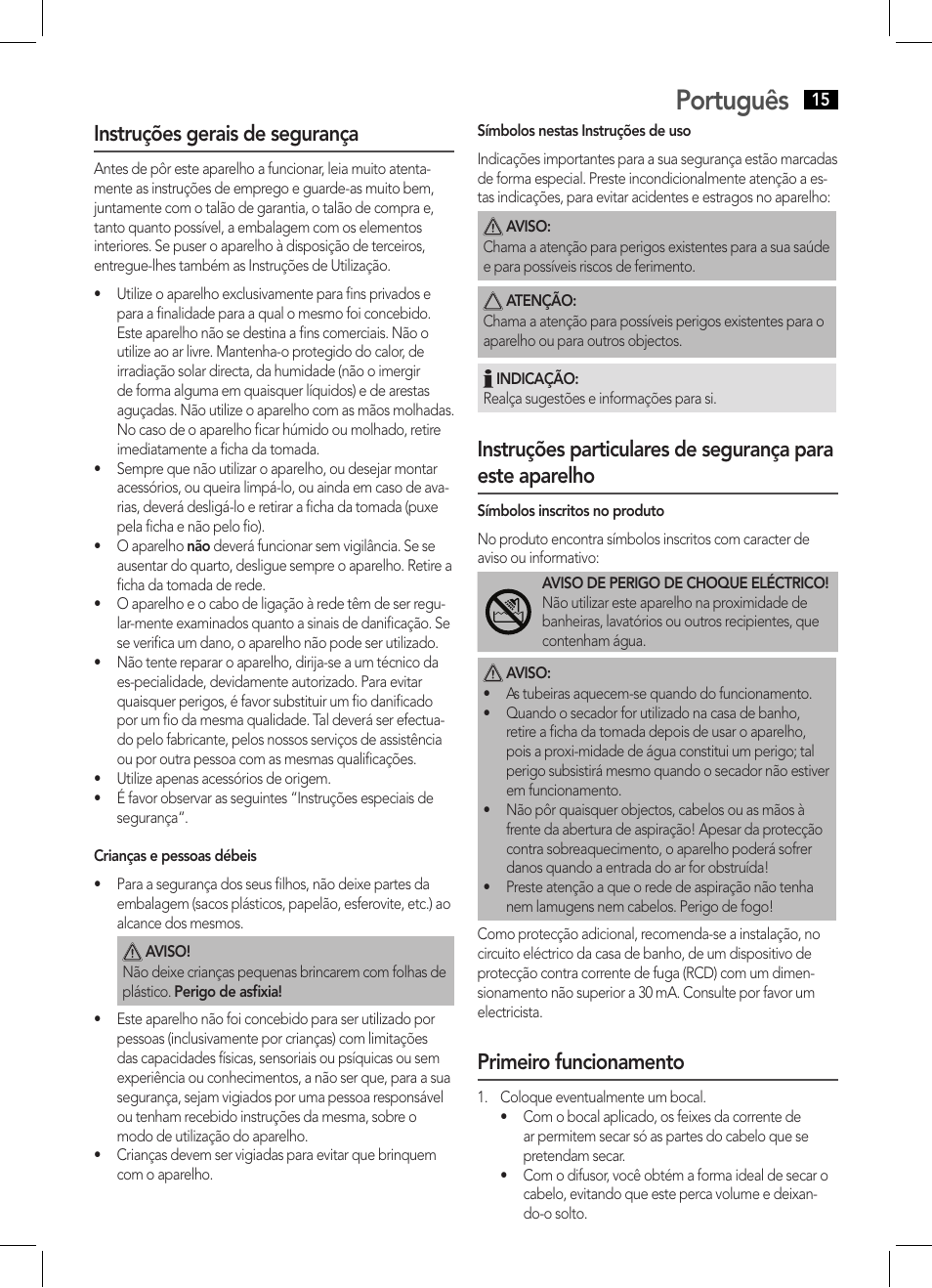 Português, Instruções gerais de segurança, Primeiro funcionamento | AEG HTD 5595 User Manual | Page 15 / 36