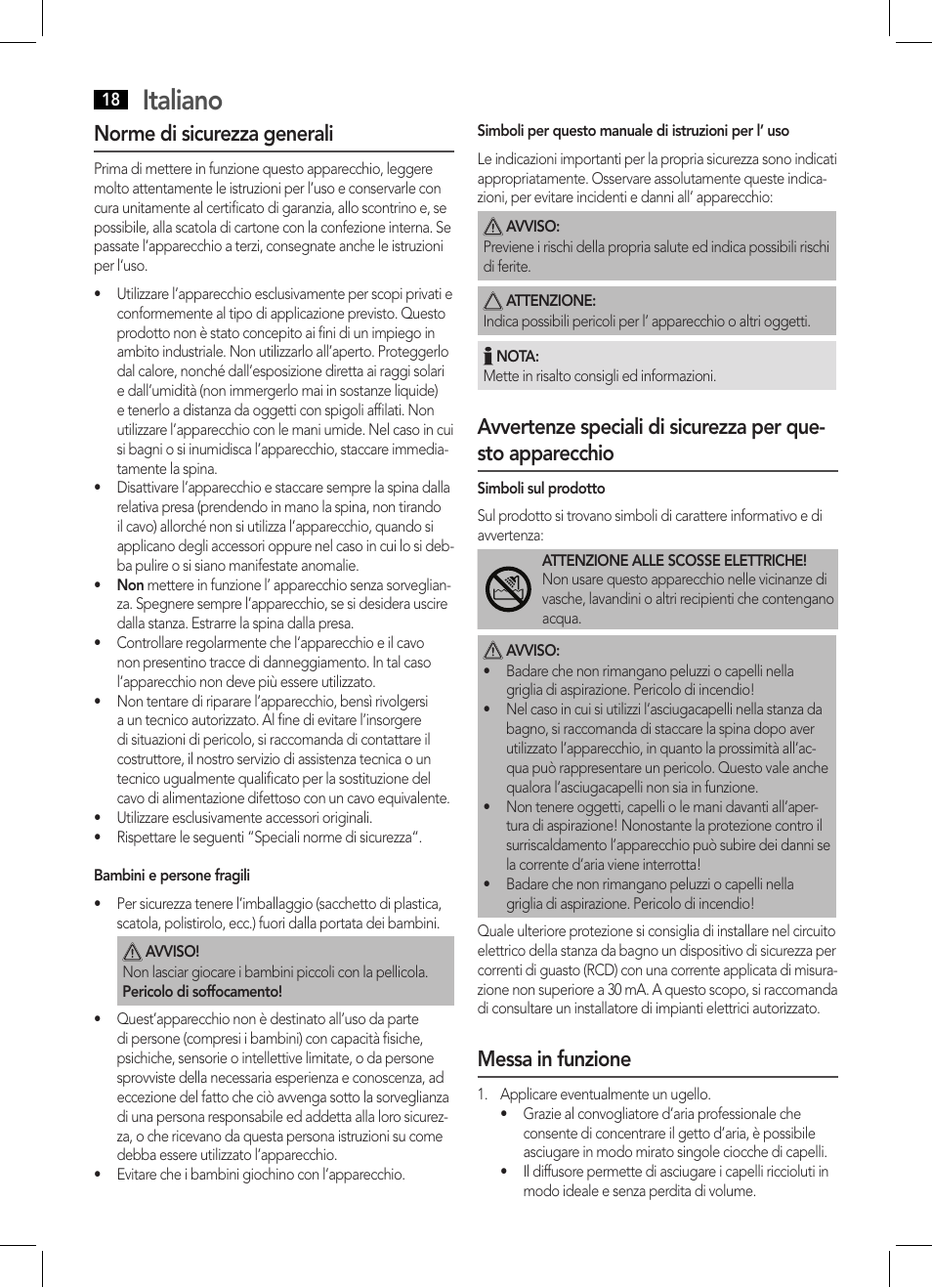 Italiano, Norme di sicurezza generali, Messa in funzione | AEG HTD 5595 User Manual | Page 18 / 36
