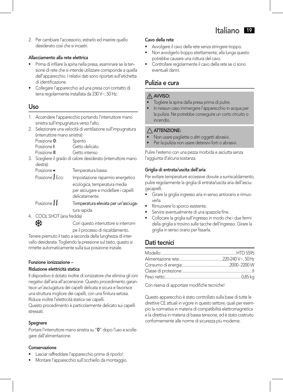 Italiano, Pulizia e cura, Dati tecnici | AEG HTD 5595 User Manual | Page 19 / 36