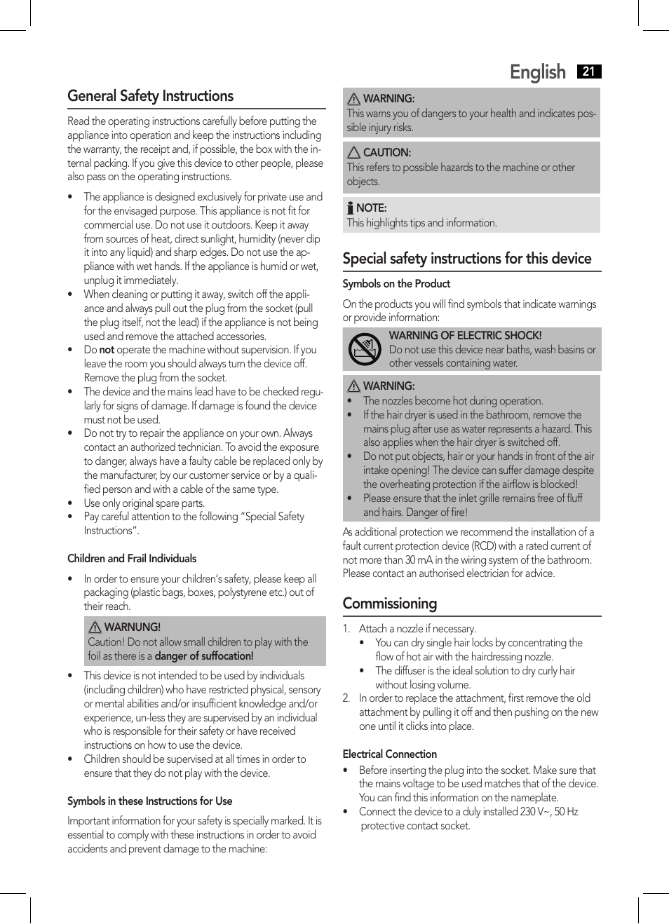 English, General safety instructions, Special safety instructions for this device | Commissioning | AEG HTD 5595 User Manual | Page 21 / 36