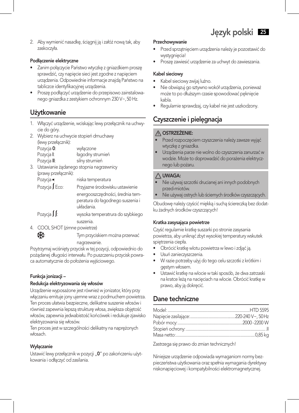 Język polski, Użytkowanie, Czyszczenie i pielęgnacja | Dane techniczne | AEG HTD 5595 User Manual | Page 25 / 36