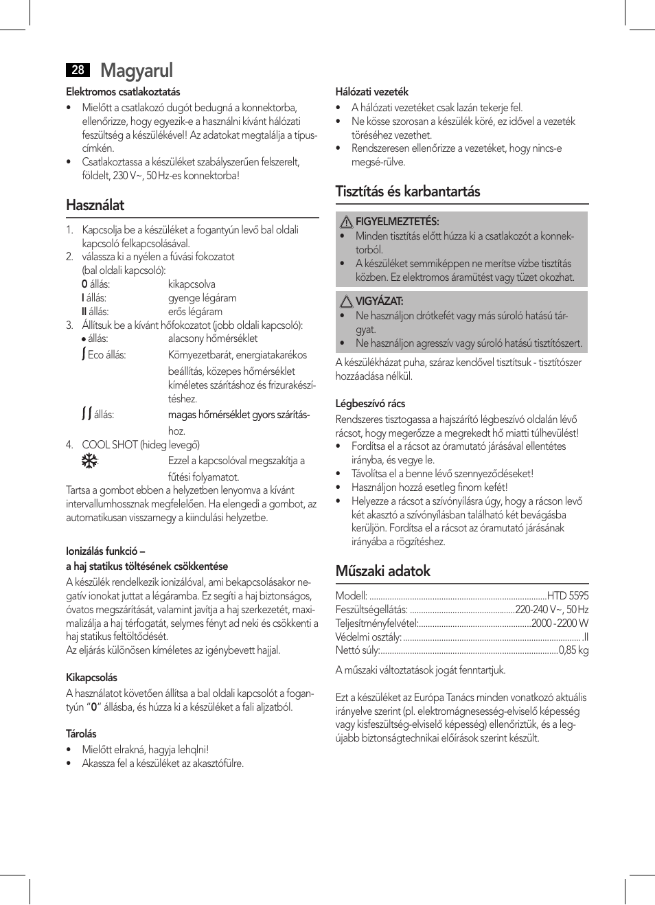 Magyarul, Használat, Tisztítás és karbantartás | Műszaki adatok | AEG HTD 5595 User Manual | Page 28 / 36