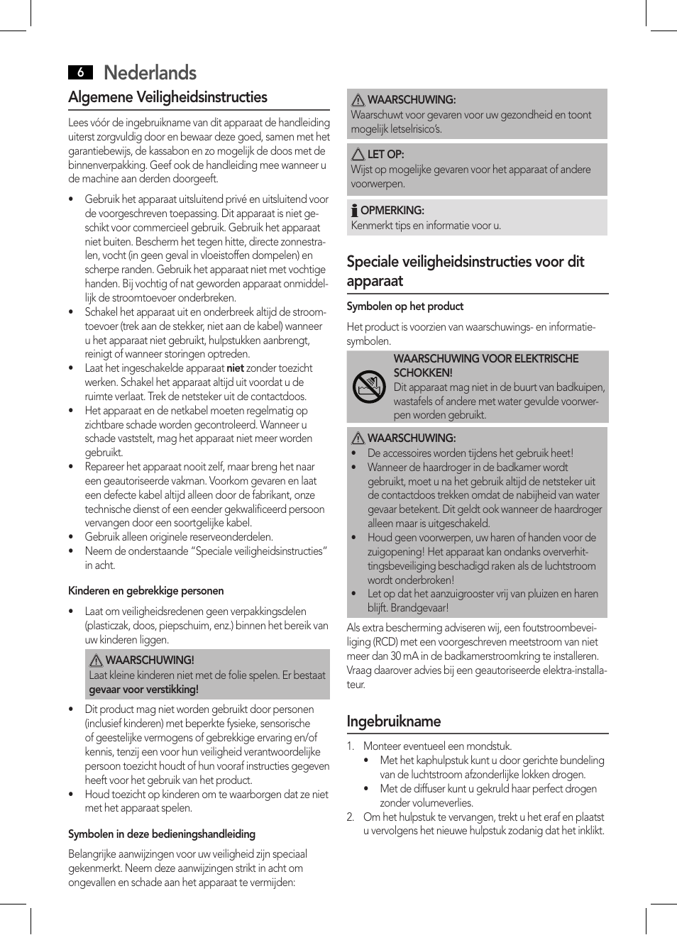 Nederlands, Algemene veiligheidsinstructies, Speciale veiligheidsinstructies voor dit apparaat | Ingebruikname | AEG HTD 5595 User Manual | Page 6 / 36