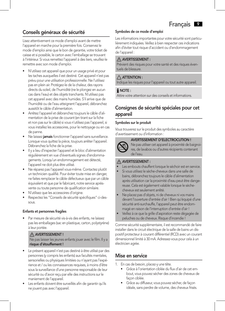 Français, Conseils généraux de sécurité, Consignes de sécurité spéciales pour cet appareil | Mise en service | AEG HTD 5595 User Manual | Page 9 / 36