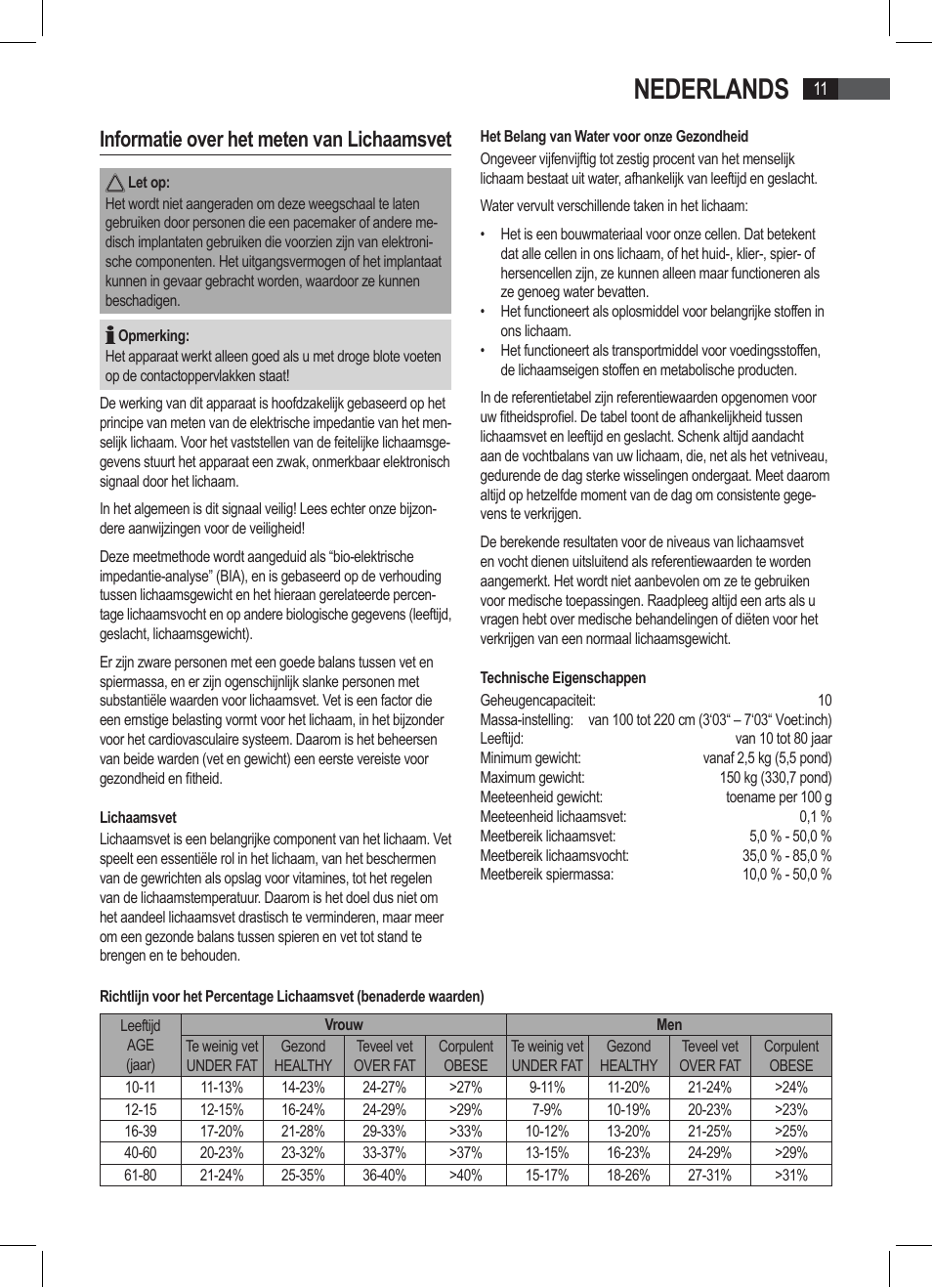 Nederlands, Informatie over het meten van lichaamsvet | AEG PW 4923 FA User Manual | Page 11 / 58