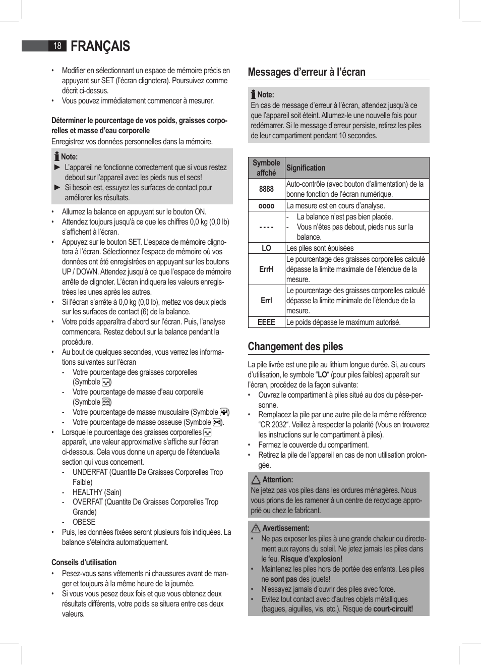 Français, Messages d’erreur à l’écran, Changement des piles | AEG PW 4923 FA User Manual | Page 18 / 58