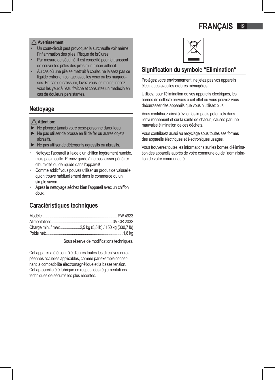 Français, Nettoyage, Caractéristiques techniques | Signification du symbole “elimination | AEG PW 4923 FA User Manual | Page 19 / 58