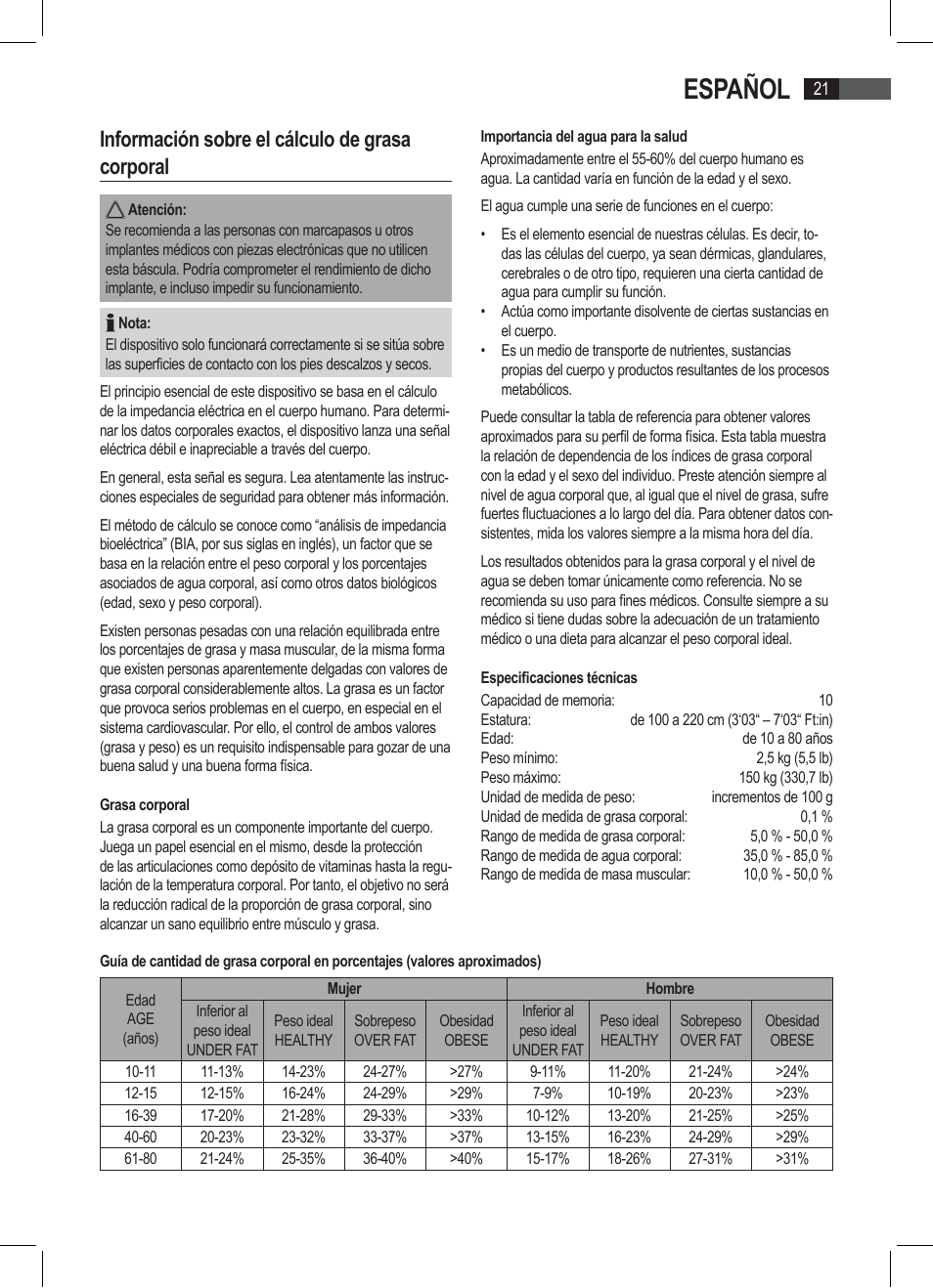 Español, Información sobre el cálculo de grasa corporal | AEG PW 4923 FA User Manual | Page 21 / 58