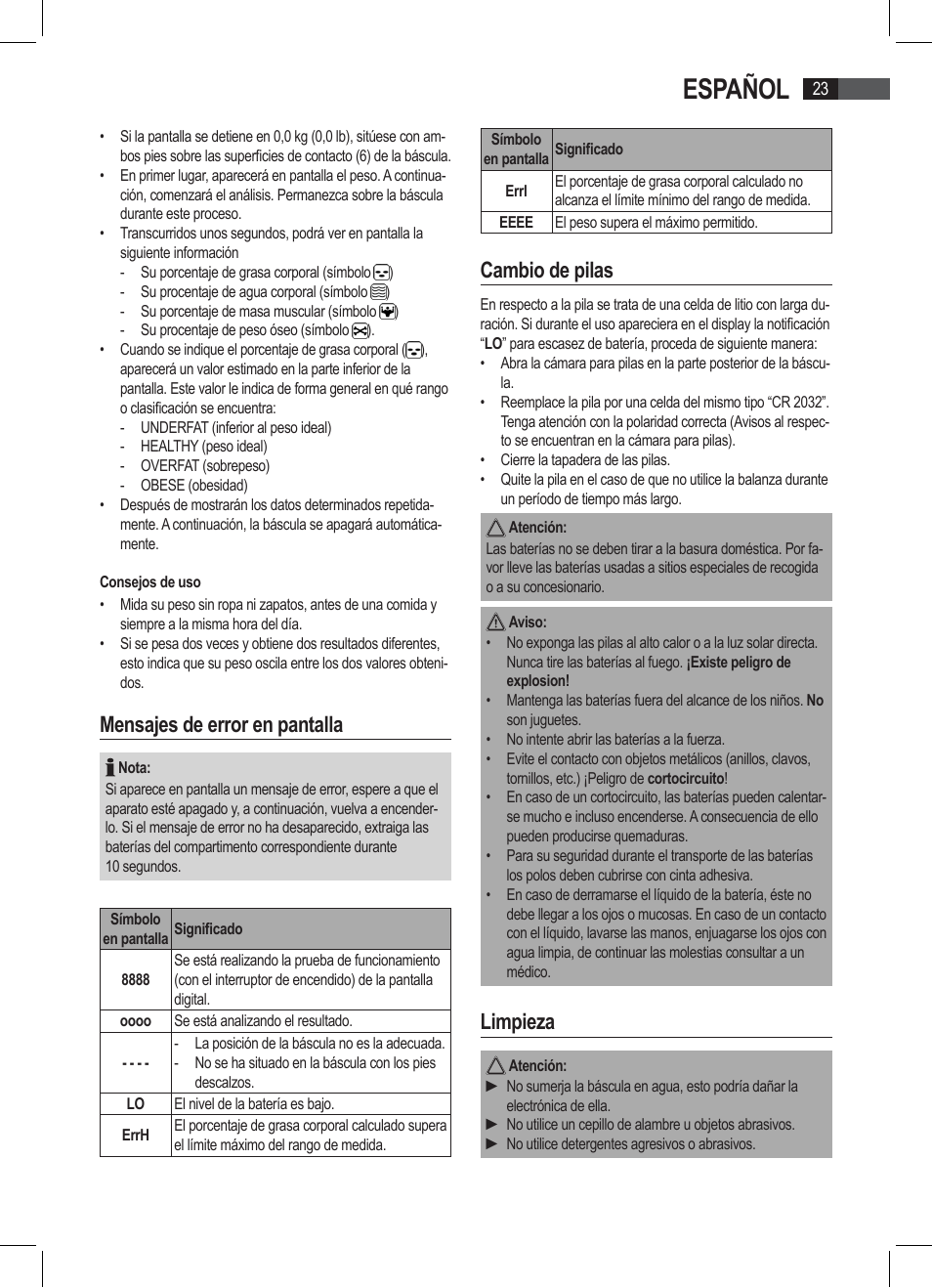 Español, Mensajes de error en pantalla, Cambio de pilas | Limpieza | AEG PW 4923 FA User Manual | Page 23 / 58