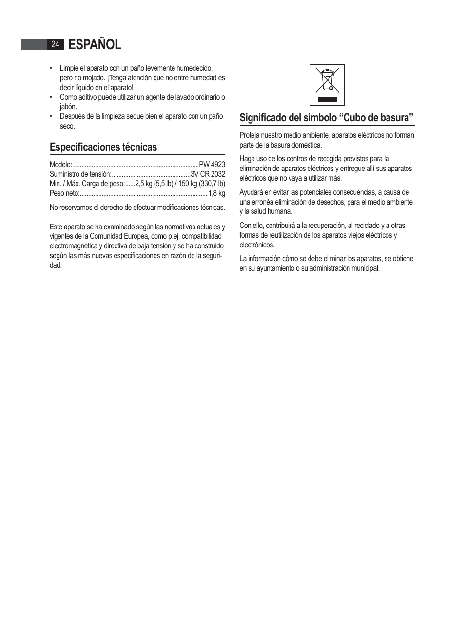Español, Especificaciones técnicas, Significado del simbolo “cubo de basura | AEG PW 4923 FA User Manual | Page 24 / 58