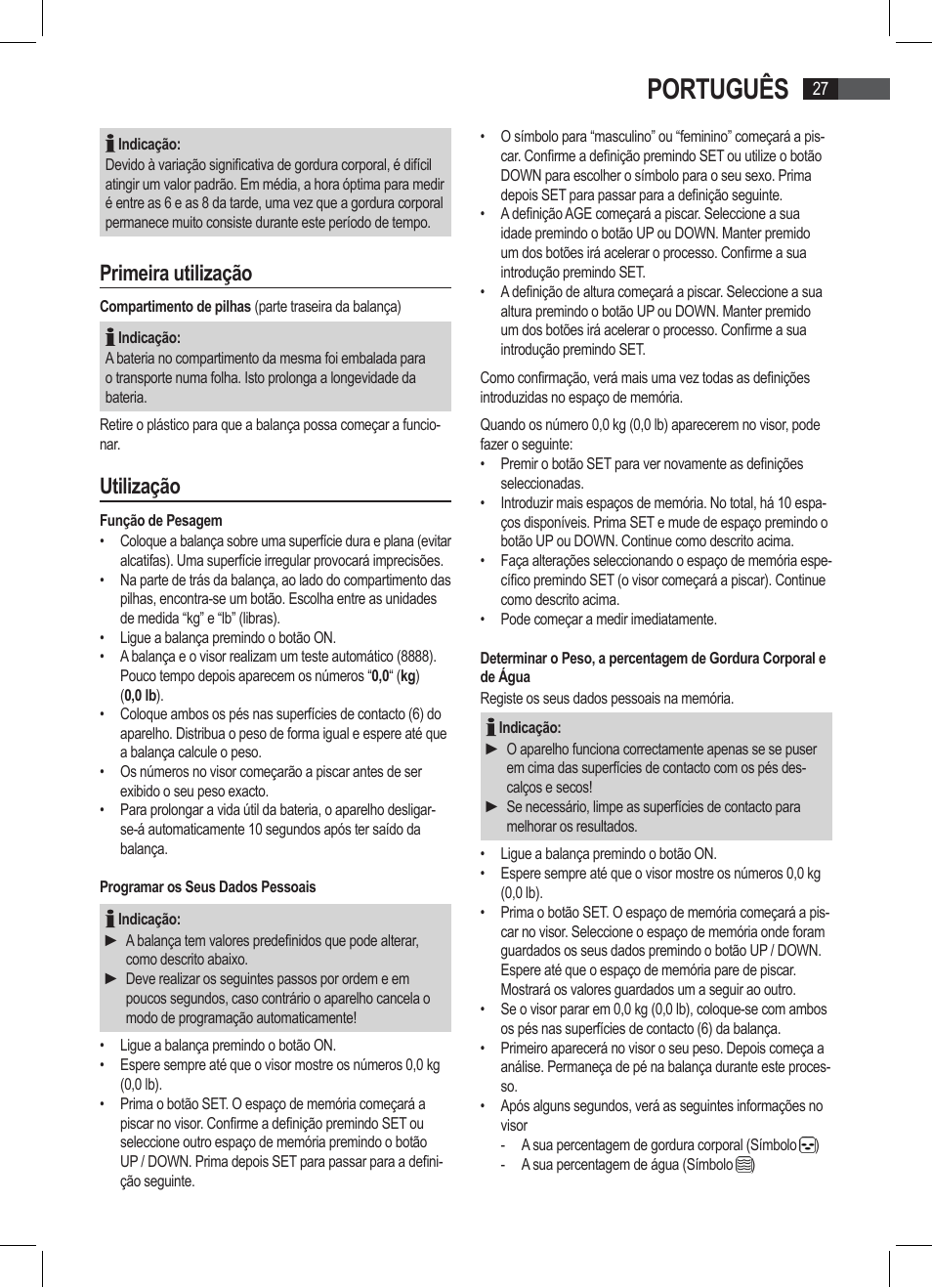 Português, Primeira utilização, Utilização | AEG PW 4923 FA User Manual | Page 27 / 58