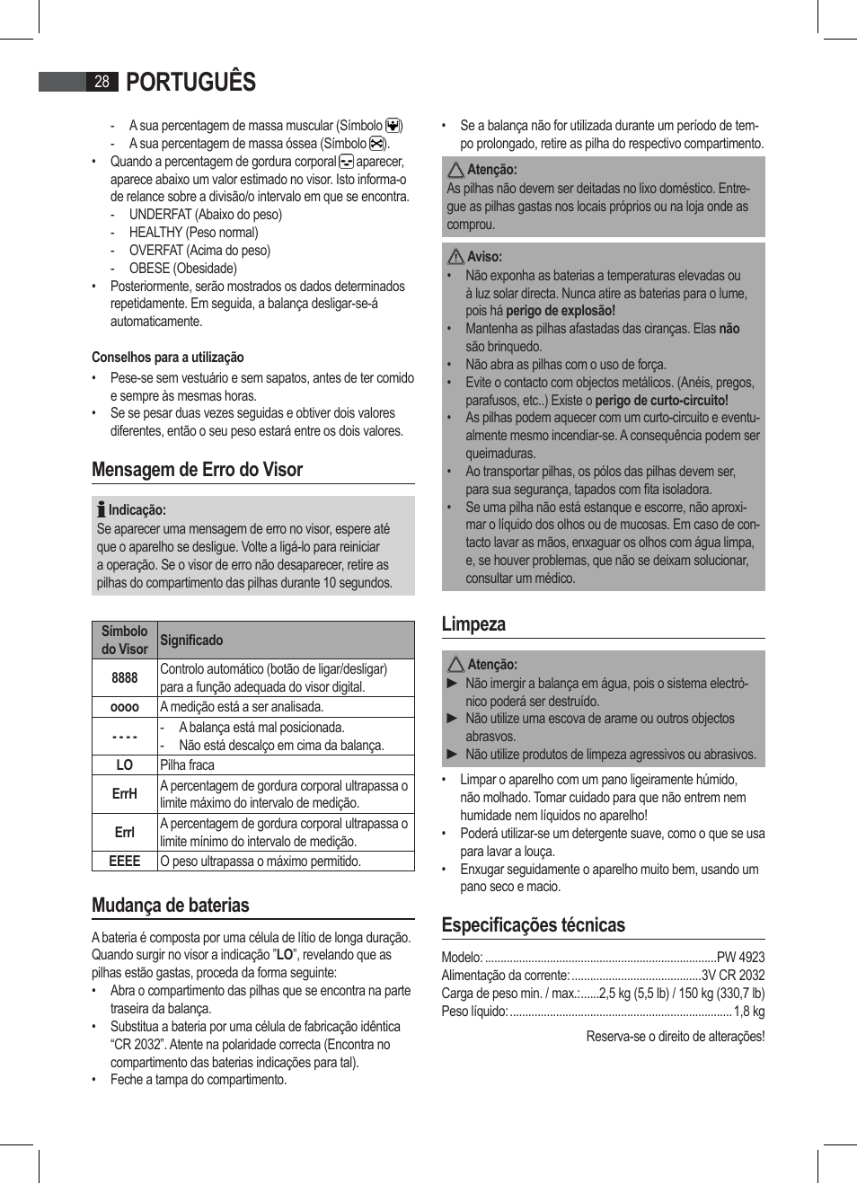 Português, Mensagem de erro do visor, Mudança de baterias | Limpeza, Especificações técnicas | AEG PW 4923 FA User Manual | Page 28 / 58