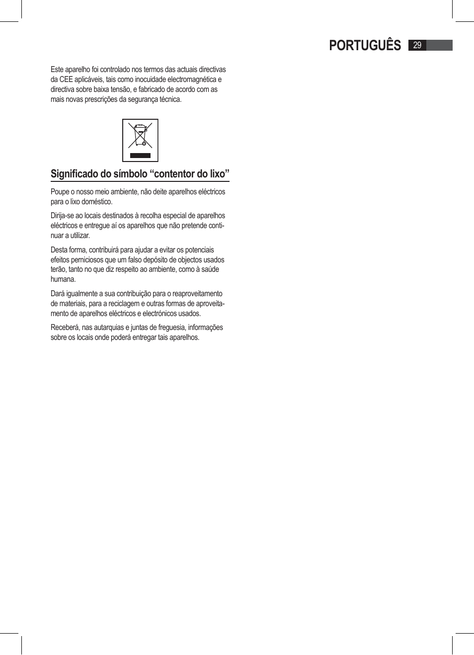 Português, Significado do símbolo “contentor do lixo | AEG PW 4923 FA User Manual | Page 29 / 58