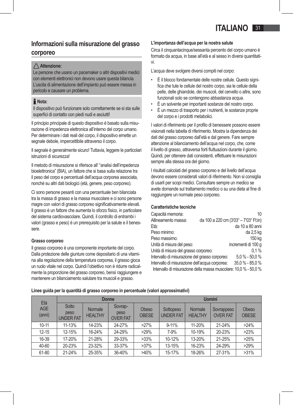 Italiano, Informazioni sulla misurazione del grasso corporeo | AEG PW 4923 FA User Manual | Page 31 / 58