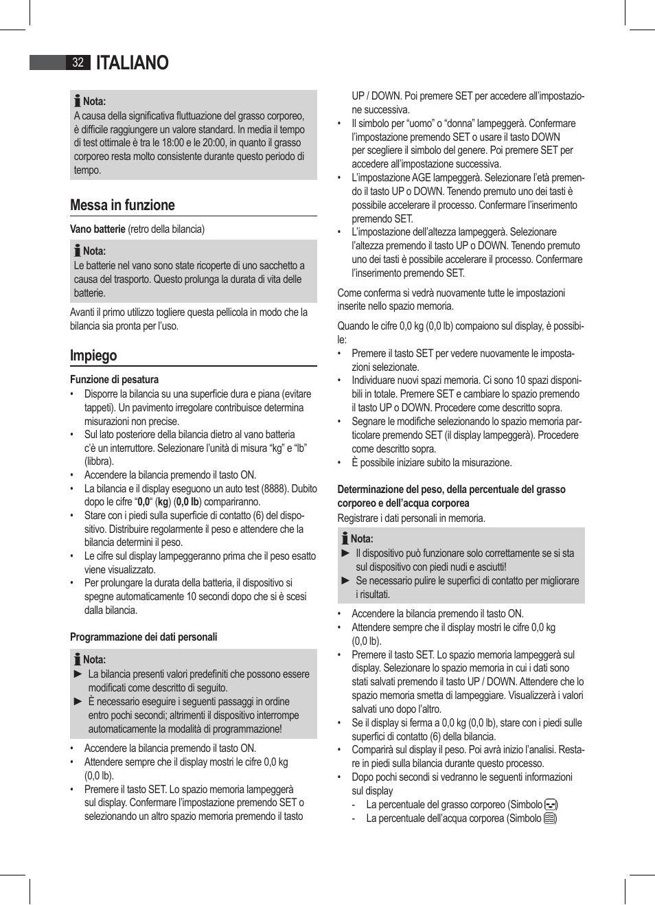 Italiano, Messa in funzione, Impiego | AEG PW 4923 FA User Manual | Page 32 / 58