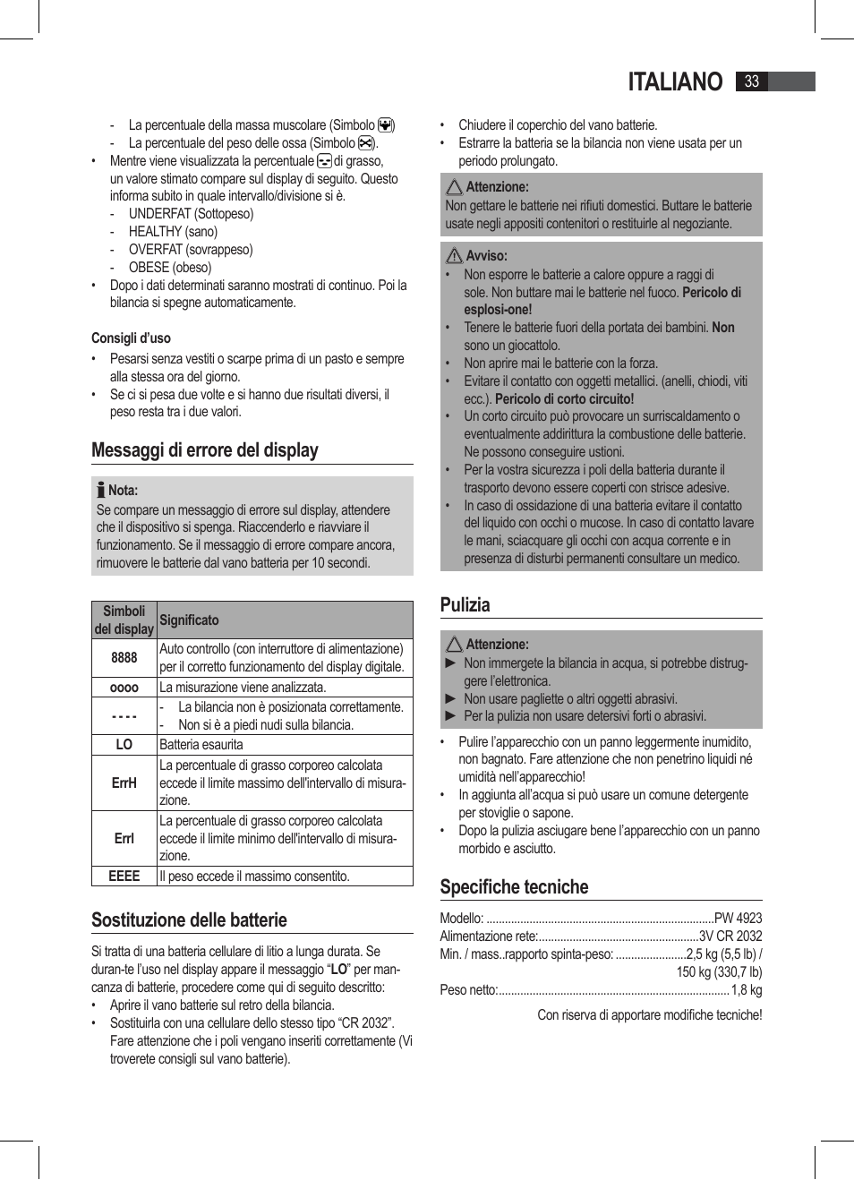 Italiano, Messaggi di errore del display, Sostituzione delle batterie | Pulizia, Specifiche tecniche | AEG PW 4923 FA User Manual | Page 33 / 58