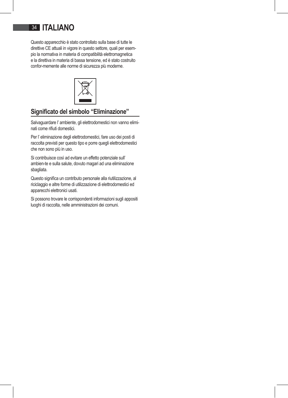Italiano, Significato del simbolo “eliminazione | AEG PW 4923 FA User Manual | Page 34 / 58