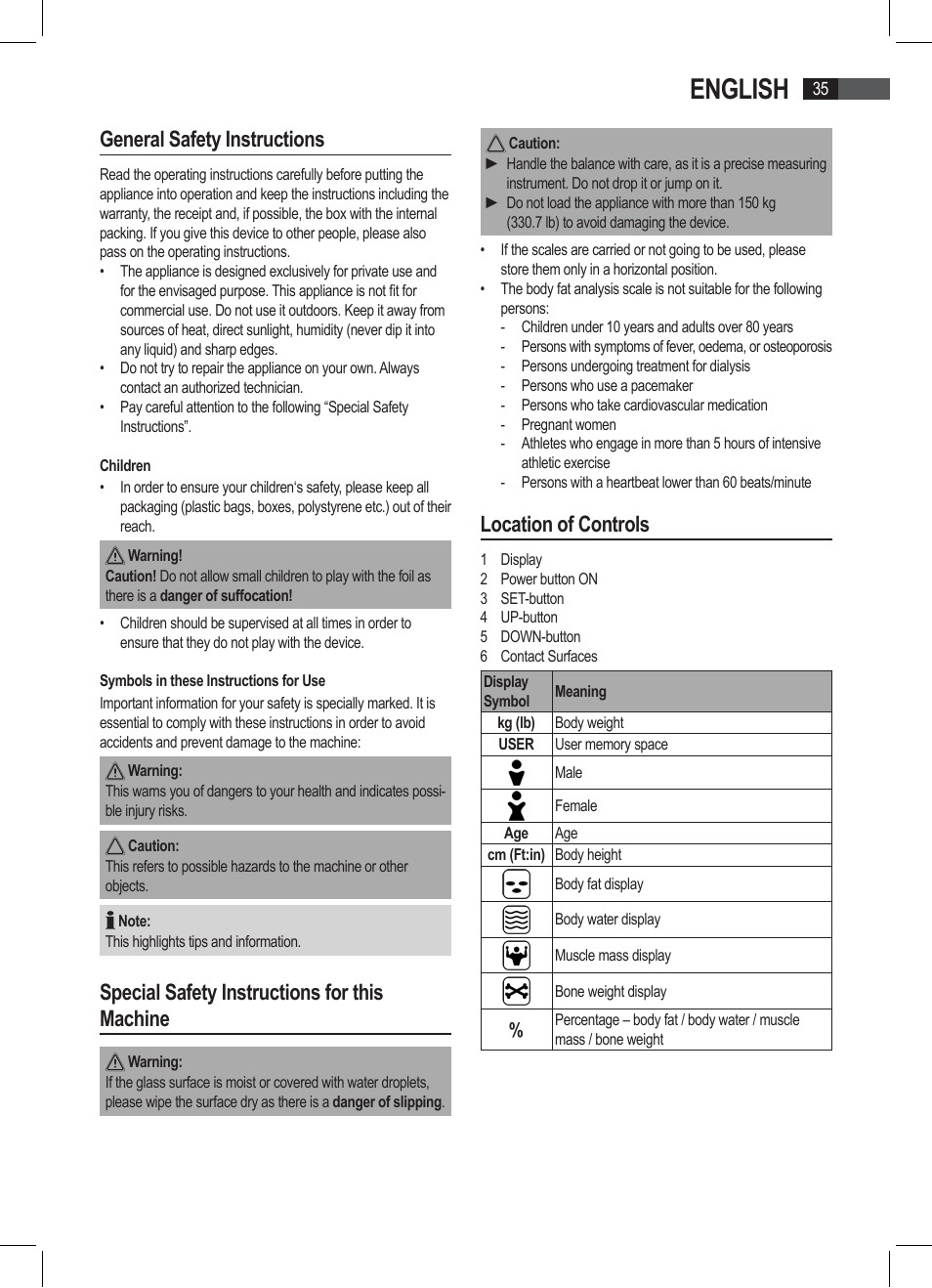 English, General safety instructions, Special safety instructions for this machine | Location of controls | AEG PW 4923 FA User Manual | Page 35 / 58