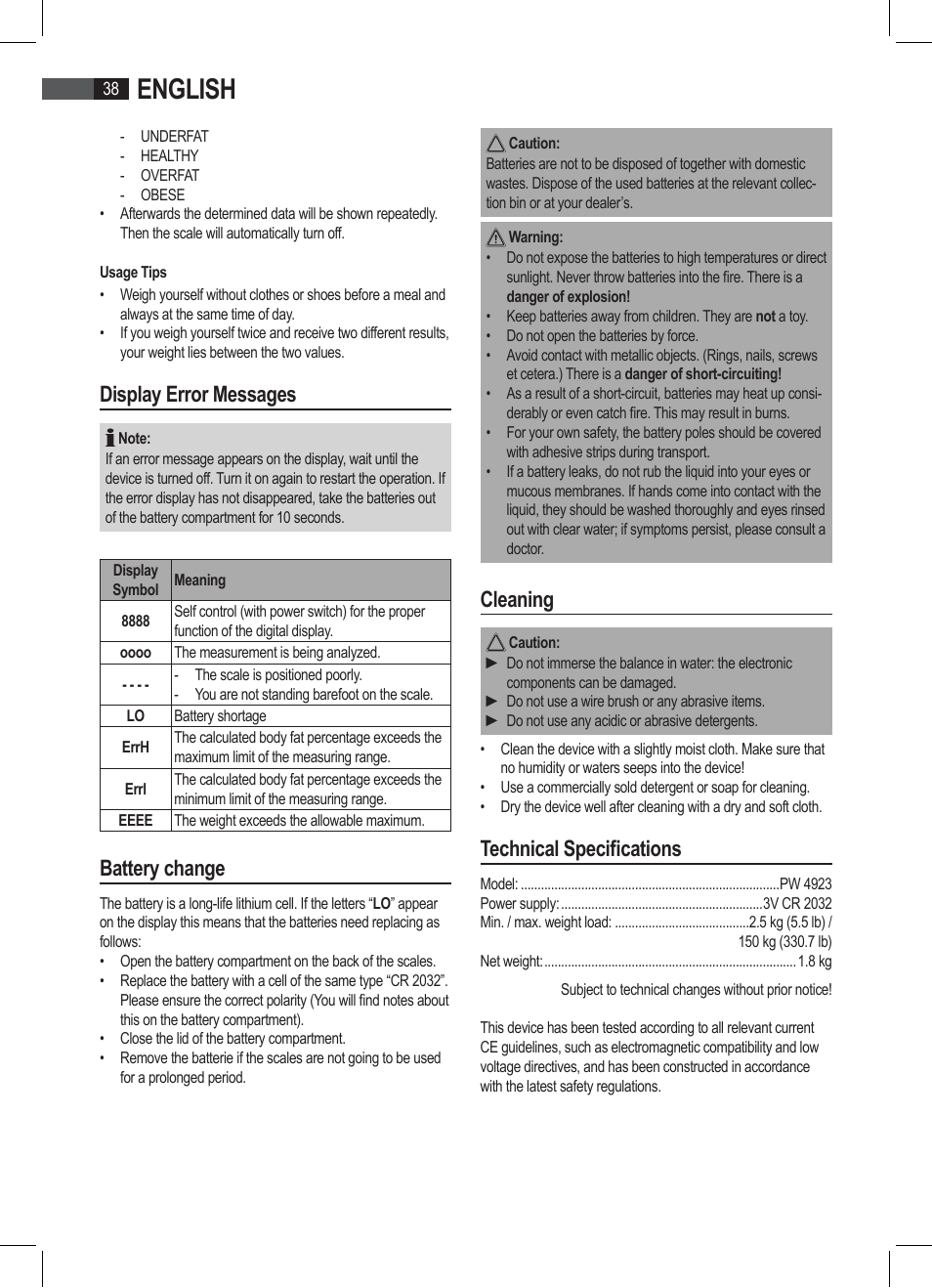 English, Display error messages, Battery change | Cleaning, Technical specifications | AEG PW 4923 FA User Manual | Page 38 / 58