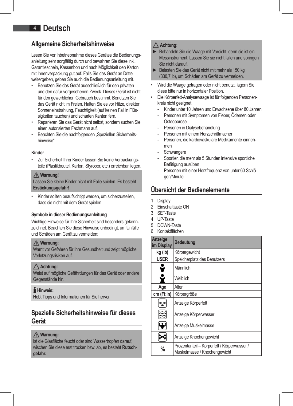 Deutsch, Allgemeine sicherheitshinweise, Spezielle sicherheitshinweise für dieses gerät | Übersicht der bedienelemente | AEG PW 4923 FA User Manual | Page 4 / 58