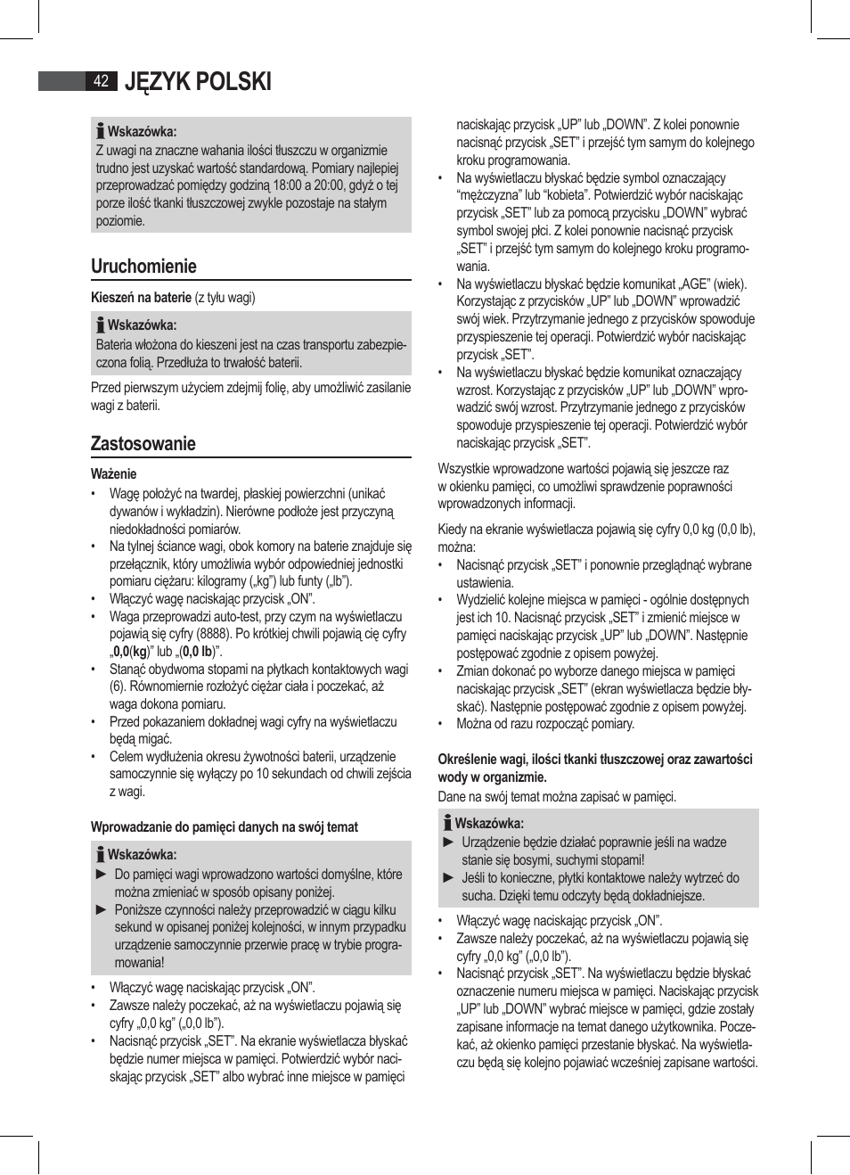 Język polski, Uruchomienie, Zastosowanie | AEG PW 4923 FA User Manual | Page 42 / 58