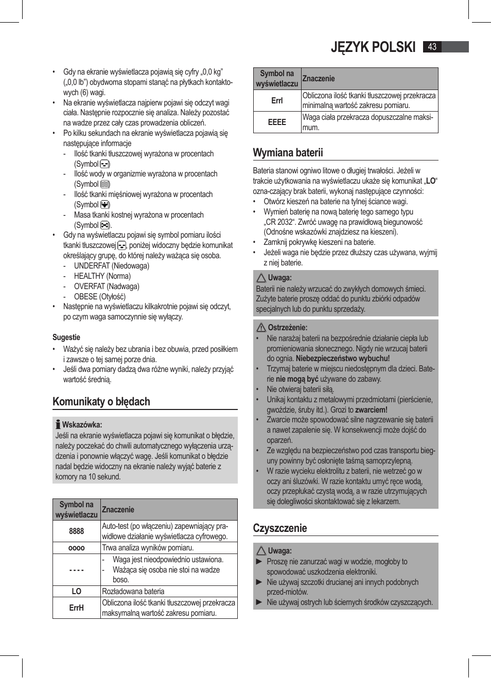 Język polski, Komunikaty o błędach, Wymiana baterii | Czyszczenie | AEG PW 4923 FA User Manual | Page 43 / 58