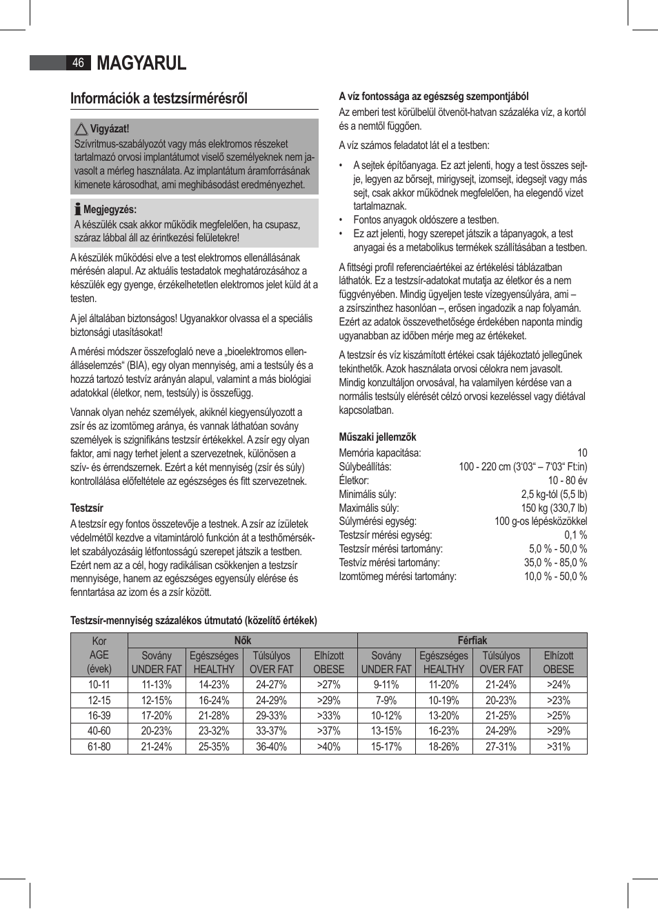 Magyarul, Információk a testzsírmérésről | AEG PW 4923 FA User Manual | Page 46 / 58