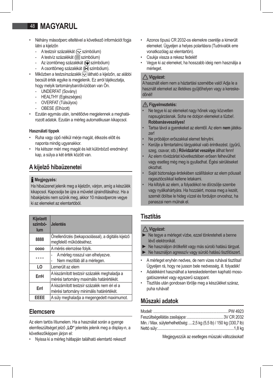 Magyarul, A kijelző hibaüzenetei, Elemcsere | Tisztítás, Műszaki adatok | AEG PW 4923 FA User Manual | Page 48 / 58