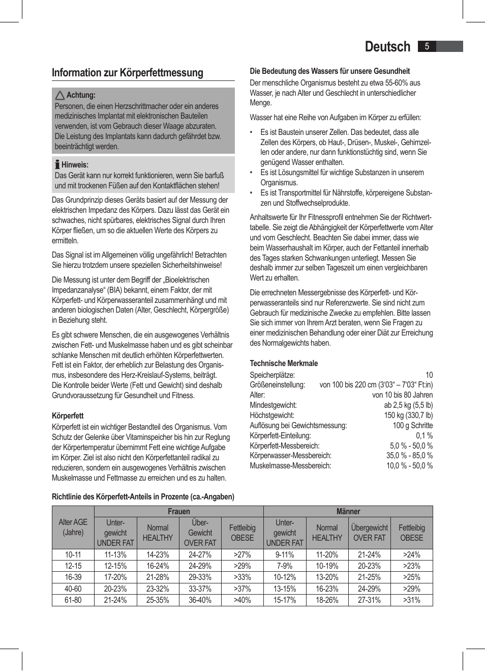 Deutsch, Information zur körperfettmessung | AEG PW 4923 FA User Manual | Page 5 / 58