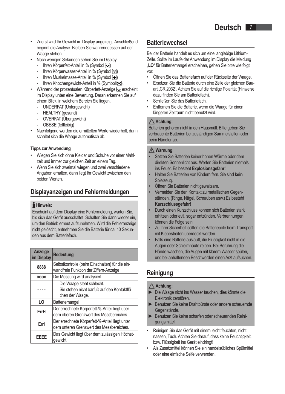 Deutsch, Displayanzeigen und fehlermeldungen, Batteriewechsel | Reinigung | AEG PW 4923 FA User Manual | Page 7 / 58