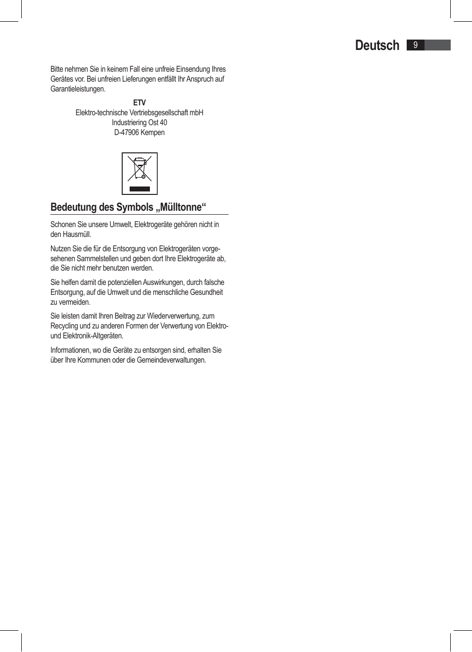 Deutsch, Bedeutung des symbols „mülltonne | AEG PW 4923 FA User Manual | Page 9 / 58