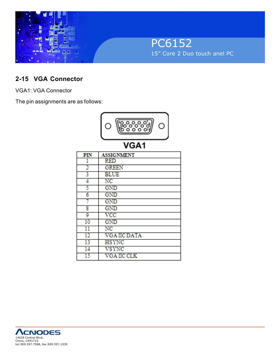 Pc6152, 15 vga connector | Acnodes PC6152 User Manual | Page 24 / 77