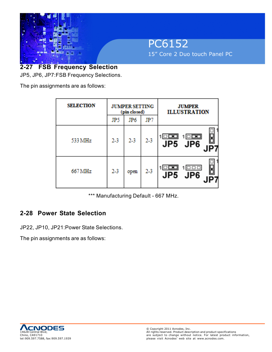 Pc6152, 27 fsb frequency selection, 28 power state selection | Acnodes PC6152 User Manual | Page 33 / 77