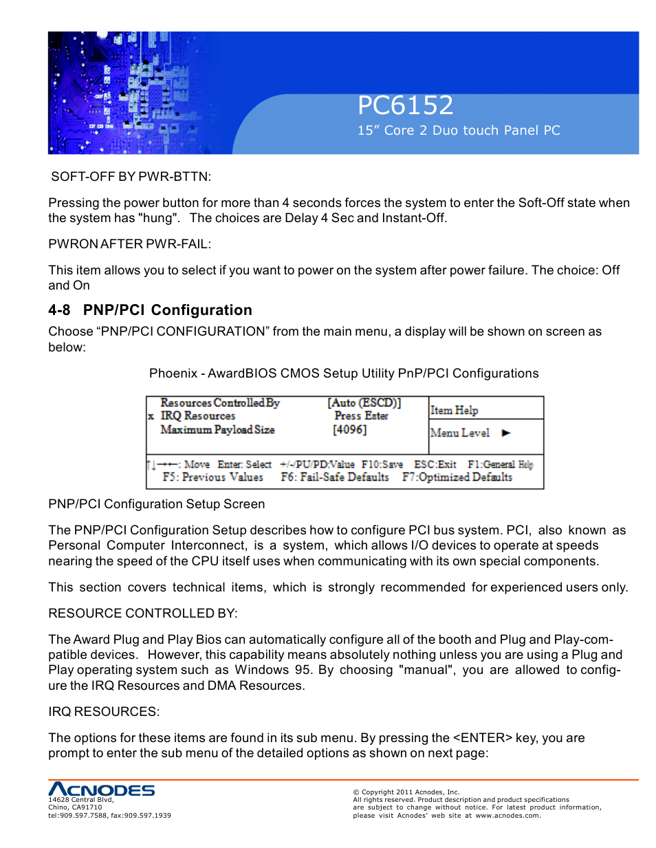 Pc6152, 8 pnp/pci configuration | Acnodes PC6152 User Manual | Page 63 / 77