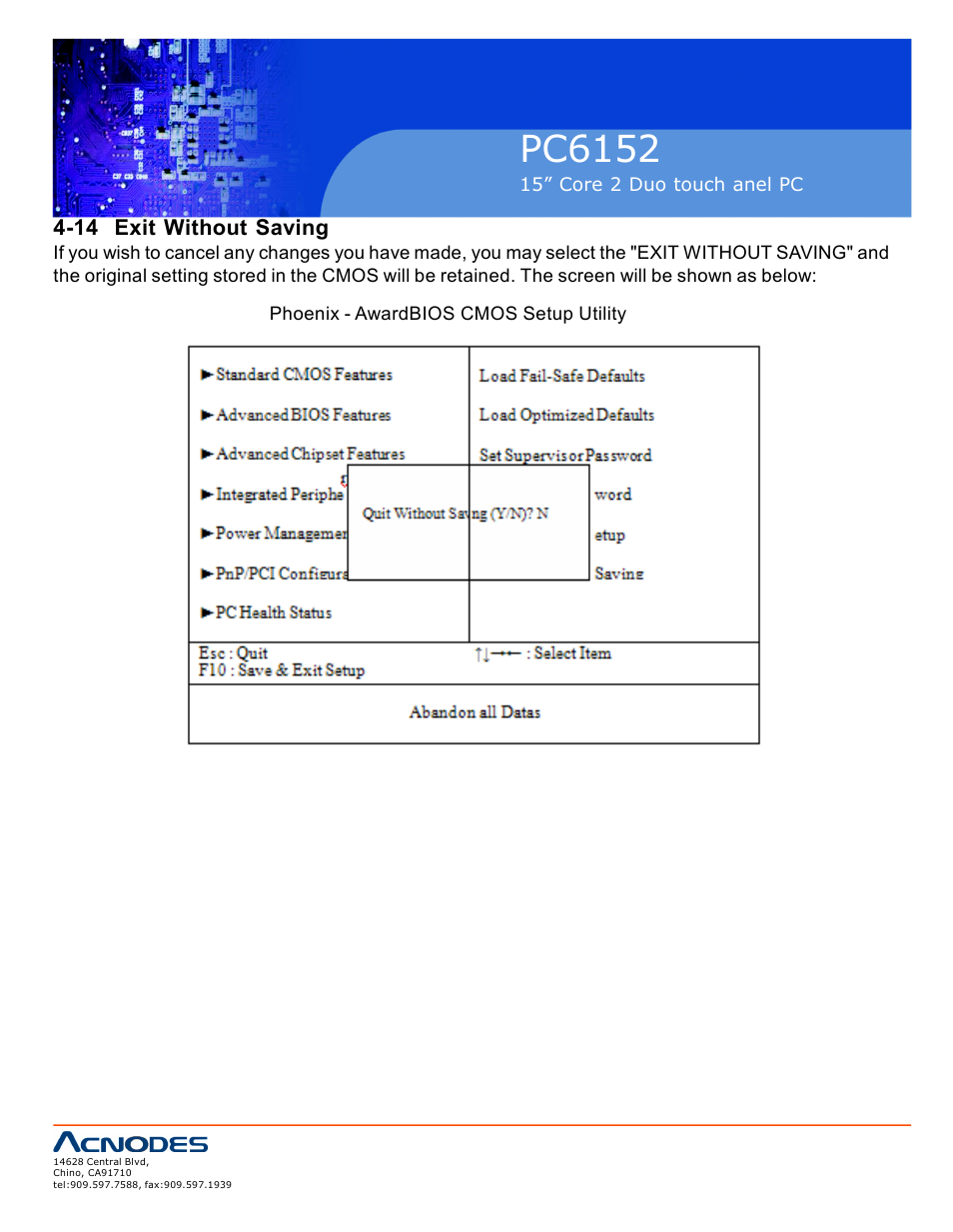 Pc6152, 14 exit without saving | Acnodes PC6152 User Manual | Page 68 / 77