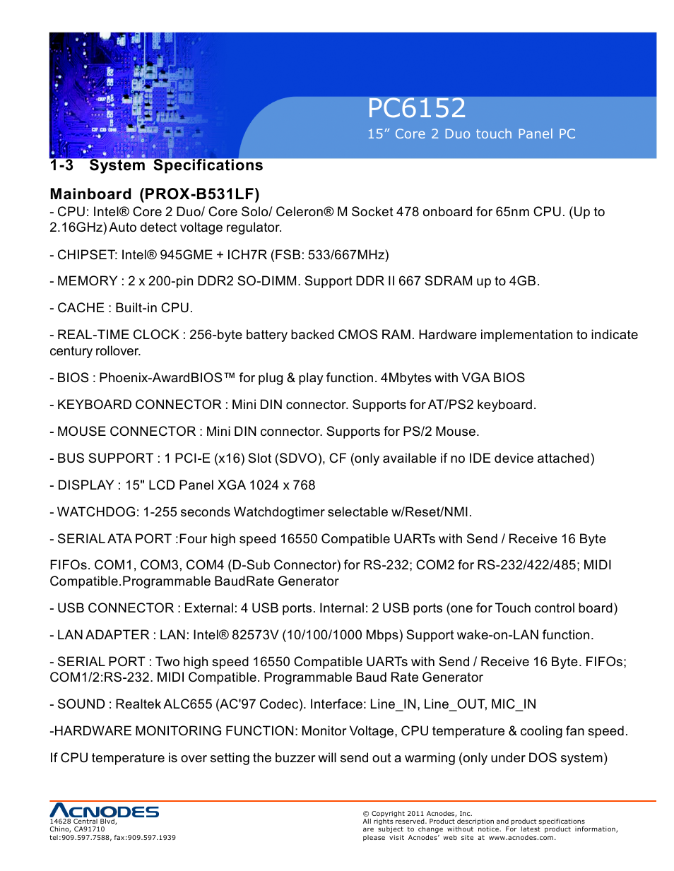 Pc6152, 3 system specifications mainboard (prox-b531lf) | Acnodes PC6152 User Manual | Page 7 / 77