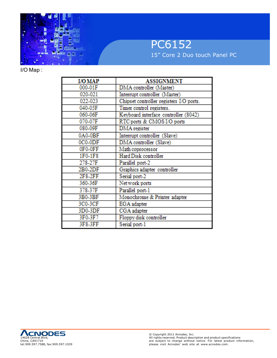 Pc6152, 15” core 2 duo t ouch panel pc i/o map | Acnodes PC6152 User Manual | Page 77 / 77