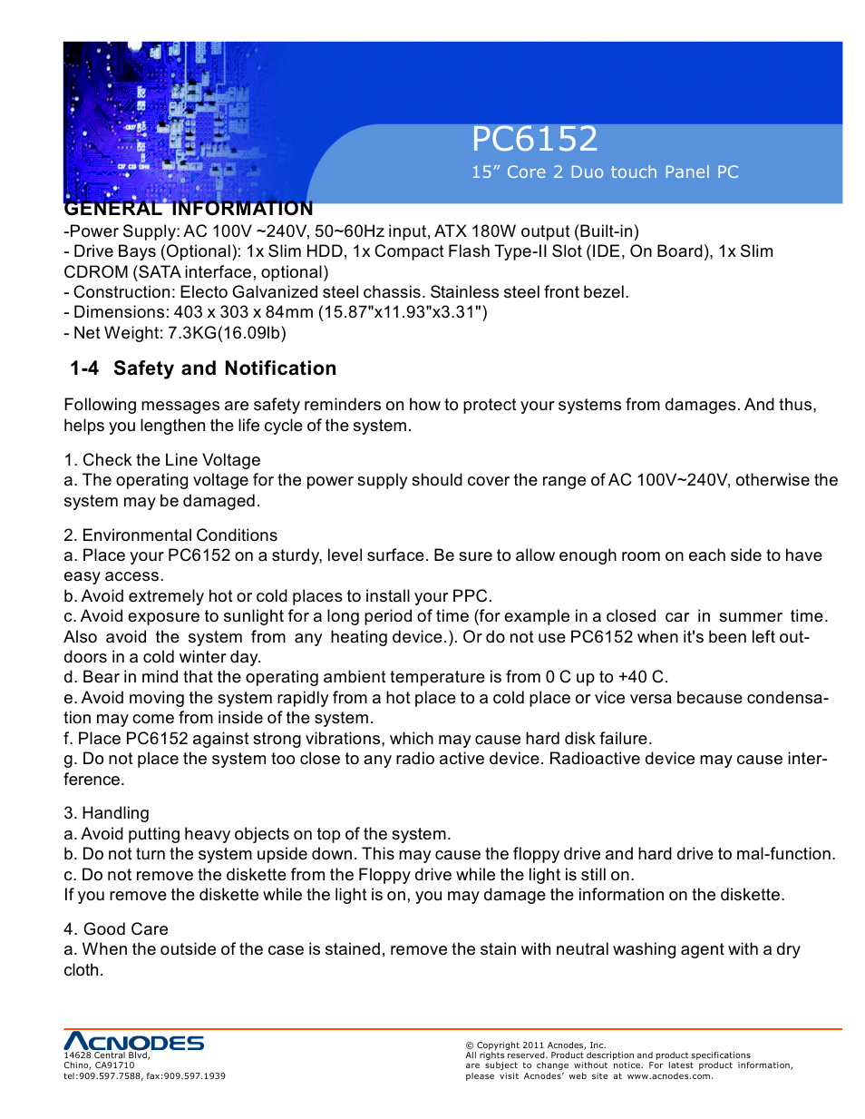 Pc6152, General information, 4 safety and notification | Acnodes PC6152 User Manual | Page 9 / 77