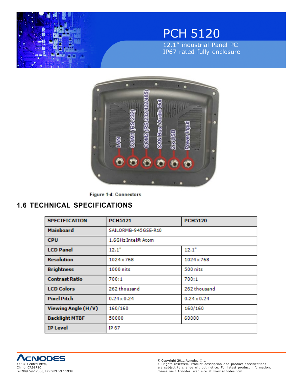 Pch 512 0, 6 technical specifications, 1” industrial panel pc ip67 rated fully enclosure | Acnodes PCH 5120 User Manual | Page 10 / 82