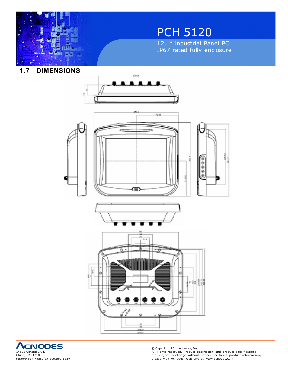 Pch 512 0, 7 dimensions, 1” industrial panel pc ip67 rated fully enclosure | Acnodes PCH 5120 User Manual | Page 12 / 82