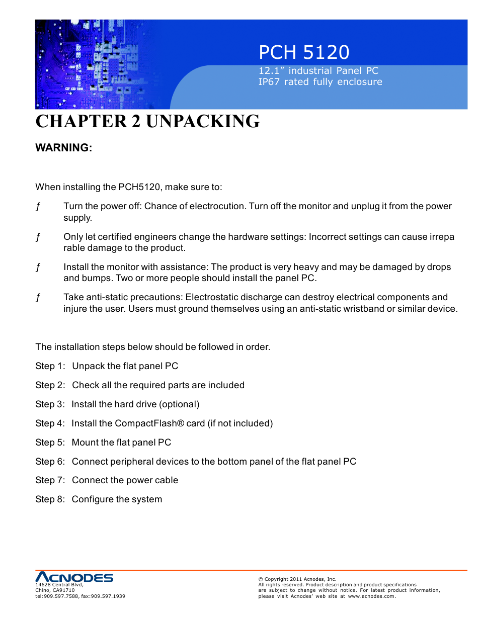 Pch 5120, Chapter 2 unpacking, Warning | Acnodes PCH 5120 User Manual | Page 13 / 82