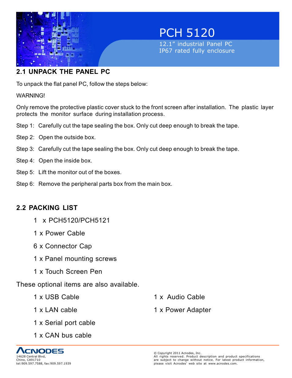 Pch 512 0, 1 unpack the panel pc | Acnodes PCH 5120 User Manual | Page 14 / 82