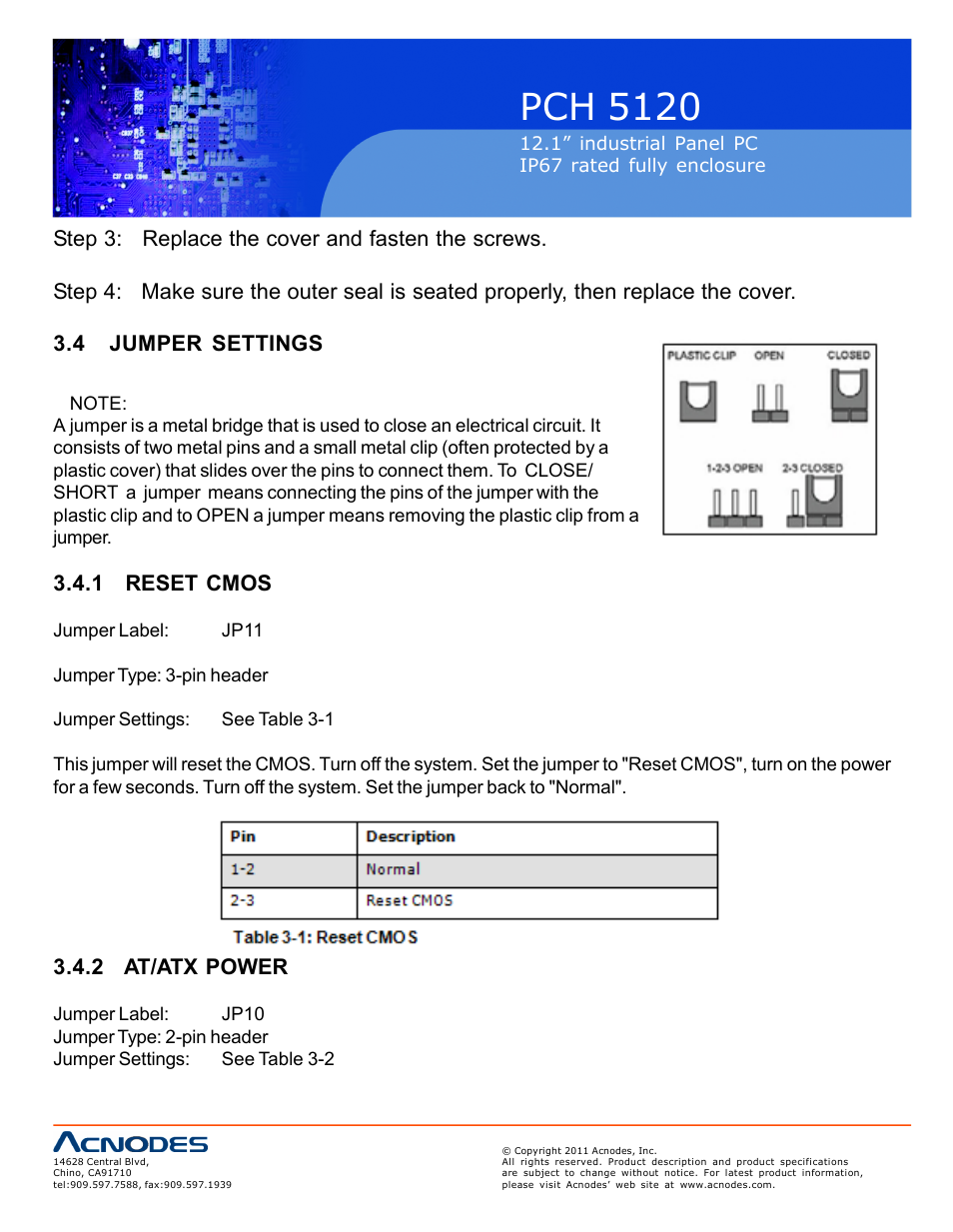 Pch 512 0, 1 reset cmos, 2 at/atx power | Acnodes PCH 5120 User Manual | Page 18 / 82