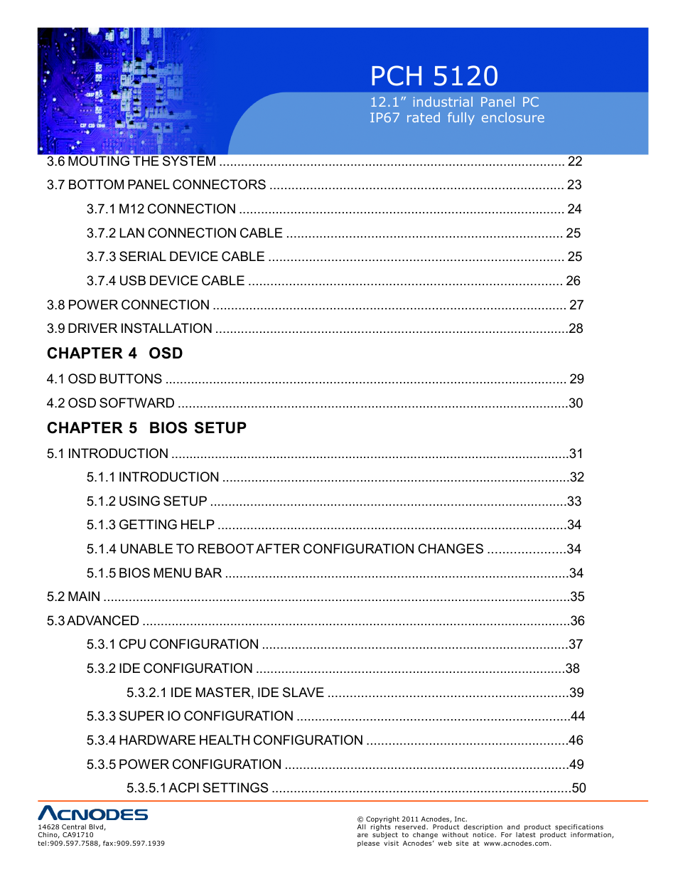 Pch 512 0, Chapter 4 osd, Chapter 5 bios setup | Acnodes PCH 5120 User Manual | Page 4 / 82