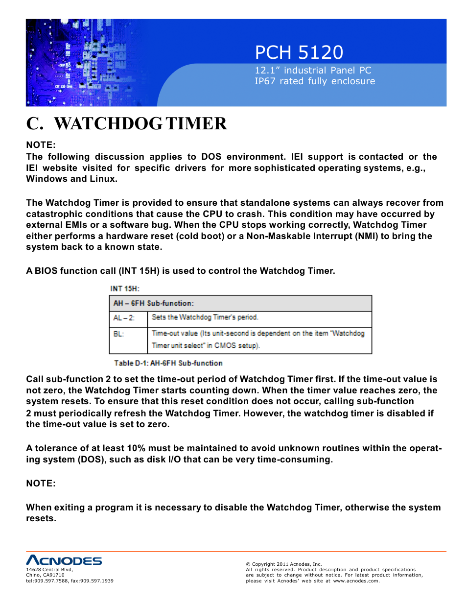 Pch 512 0, C. watchdog timer | Acnodes PCH 5120 User Manual | Page 78 / 82