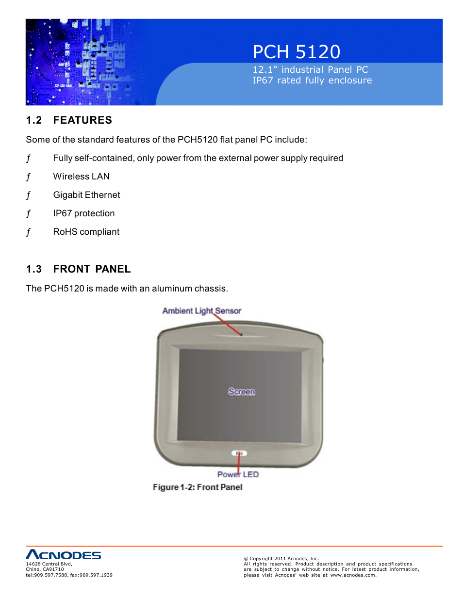 Pch 512 0, 2 features, 3 front panel | Acnodes PCH 5120 User Manual | Page 8 / 82