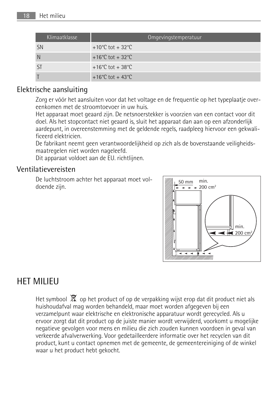 Het milieu, Elektrische aansluiting, Ventilatievereisten | AEG SKS81000F0 User Manual | Page 18 / 76