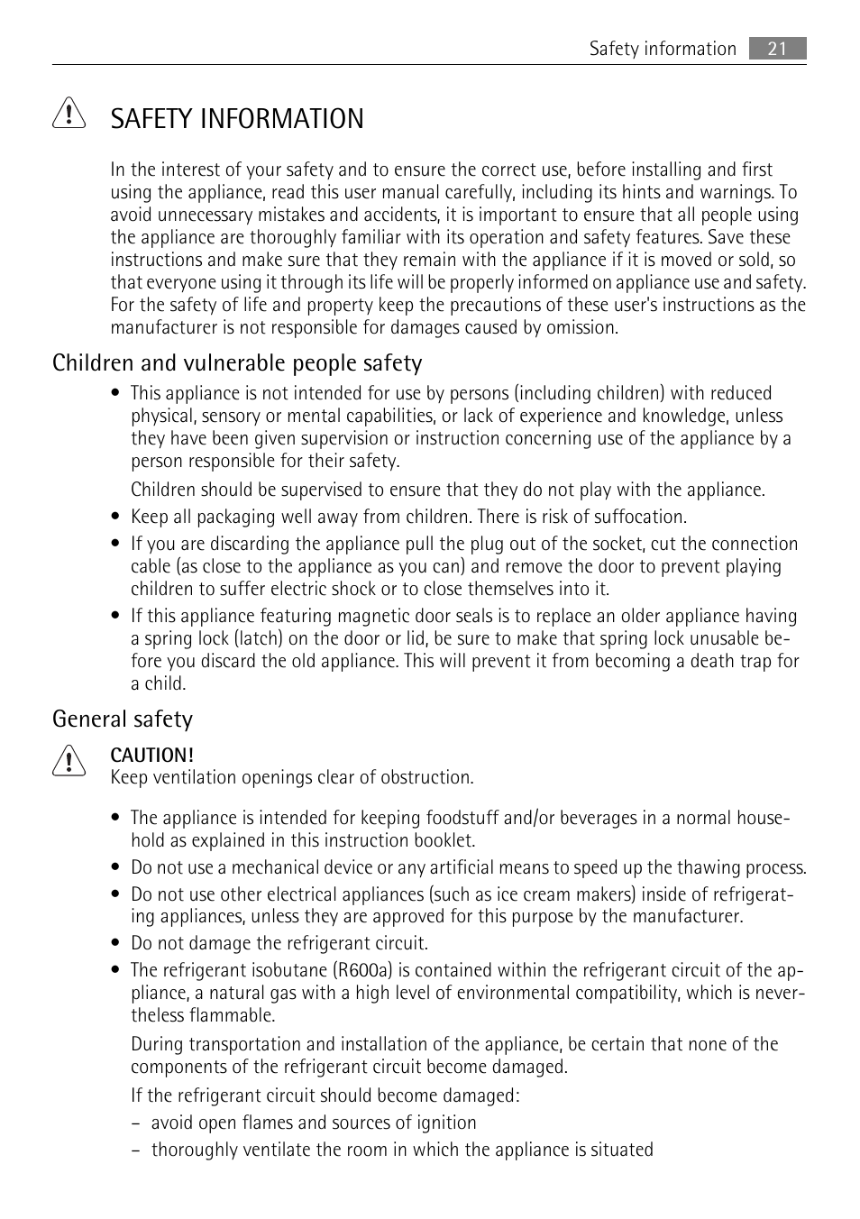 Safety information, Children and vulnerable people safety, General safety | AEG SKS81000F0 User Manual | Page 21 / 76